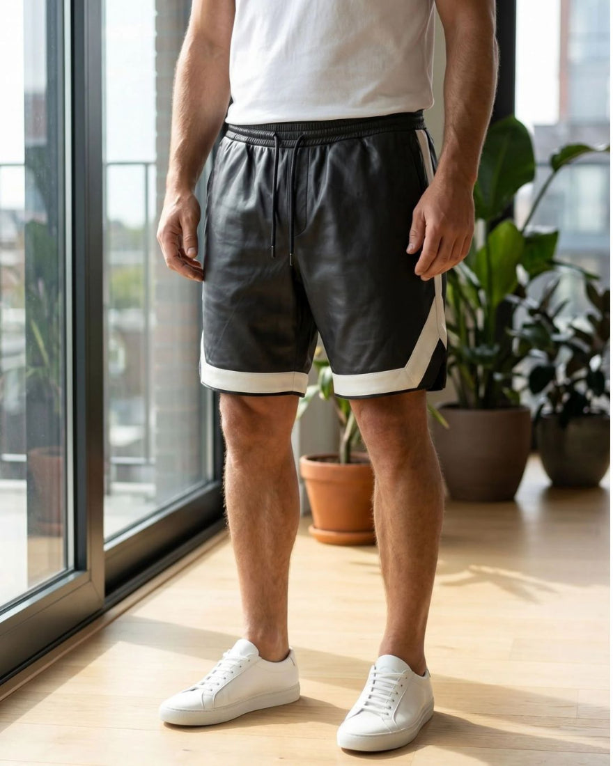 Person wearing our black leather shorts with white trim indoors near a large window.