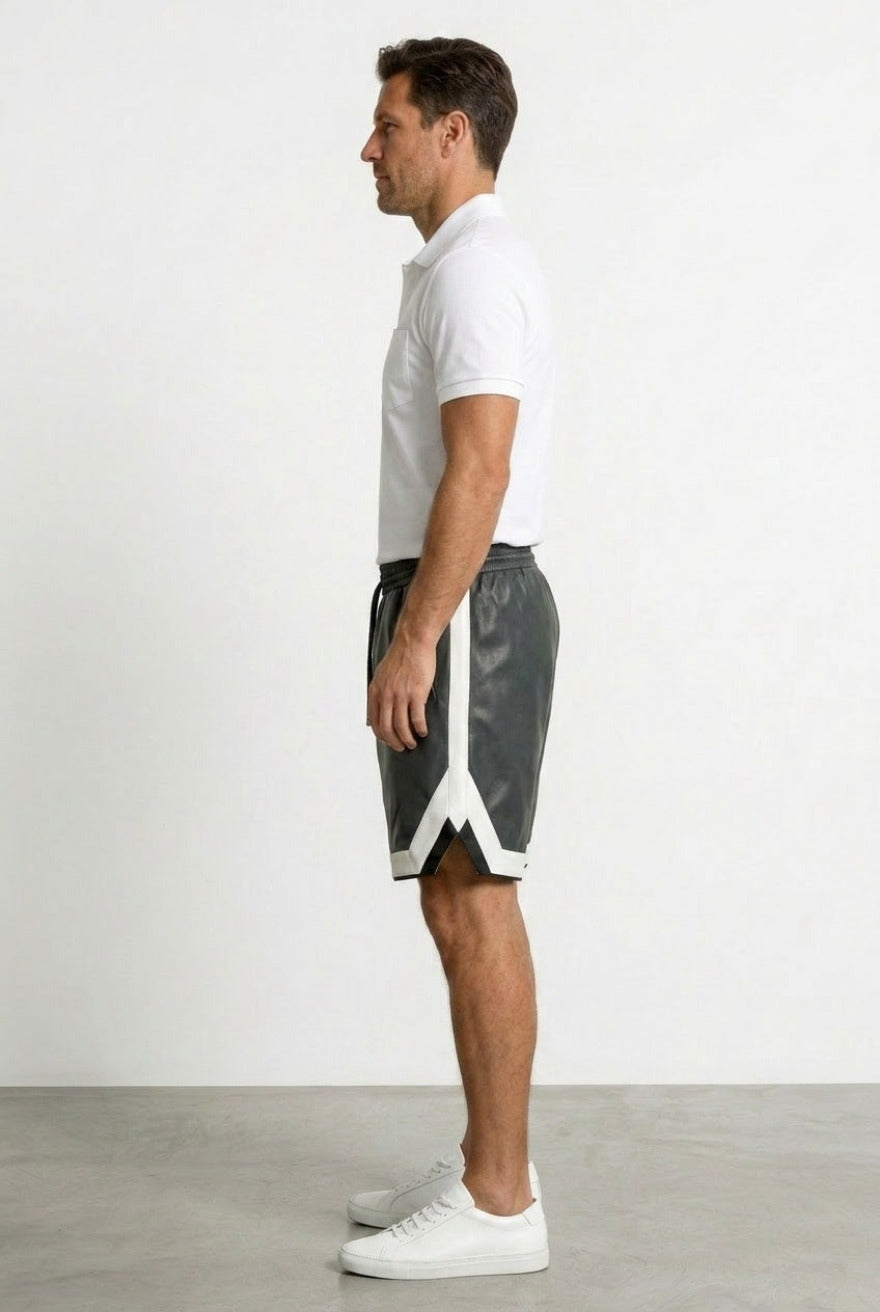 Full Side View Black Mens Leather Shorts with Contrast Side Stripe