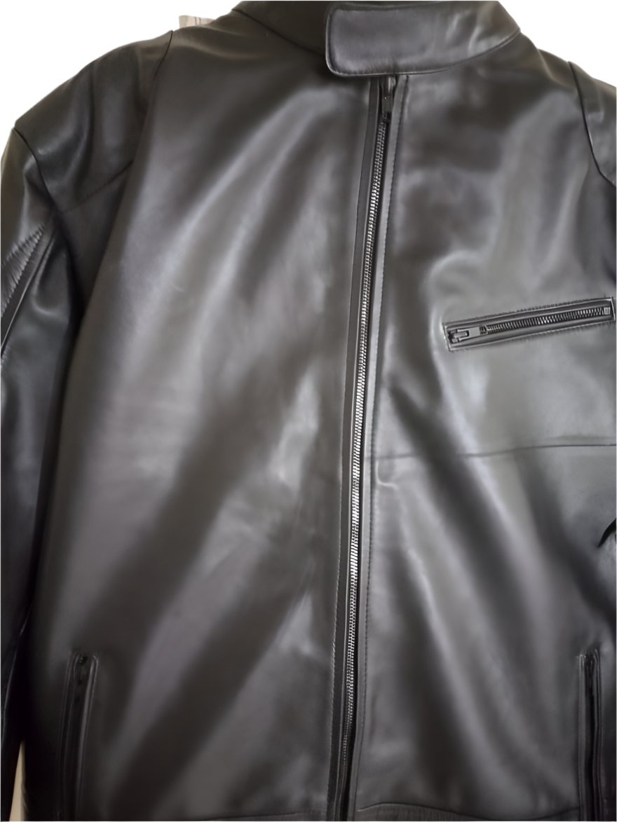 Picture of our black leather jacket, front close up view.