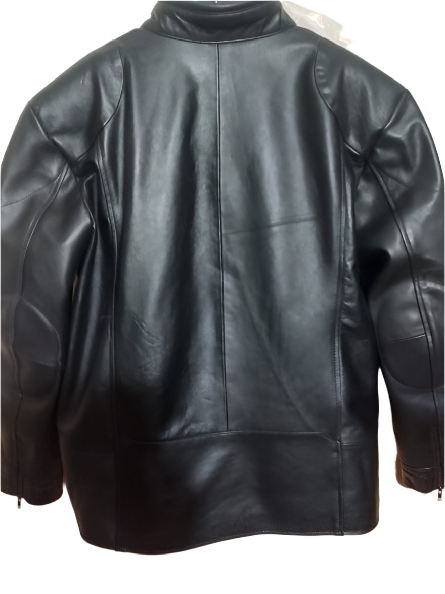 Picture of our black leather jacket, bac close up view.