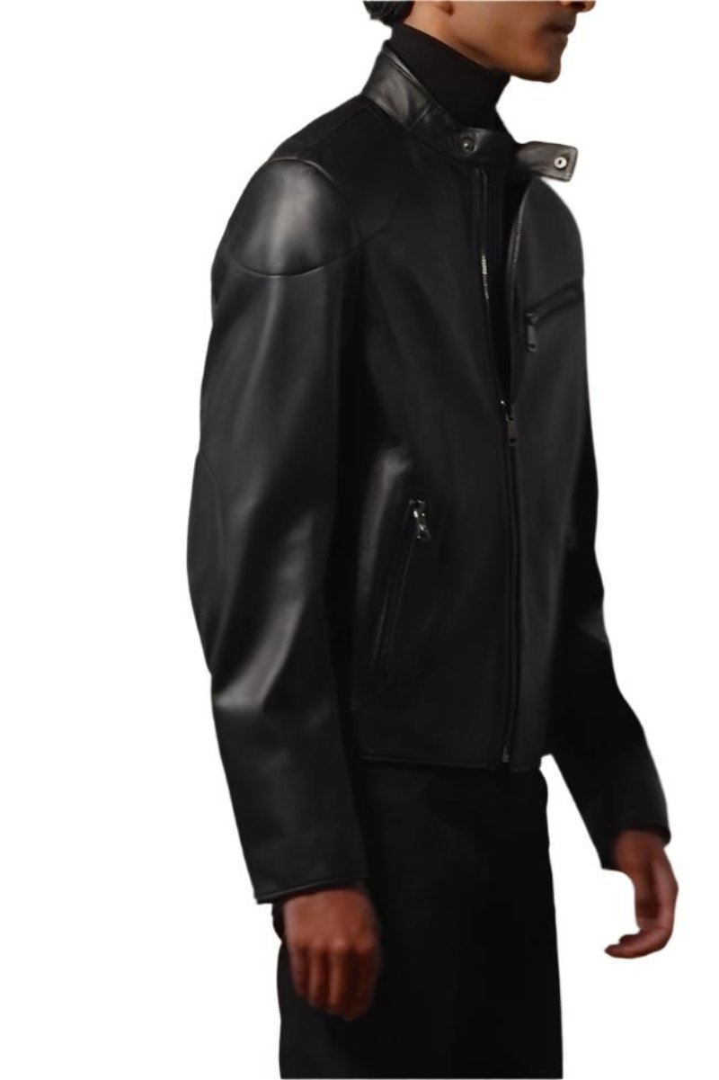 Picture of our mens leather jacket on a model, side view