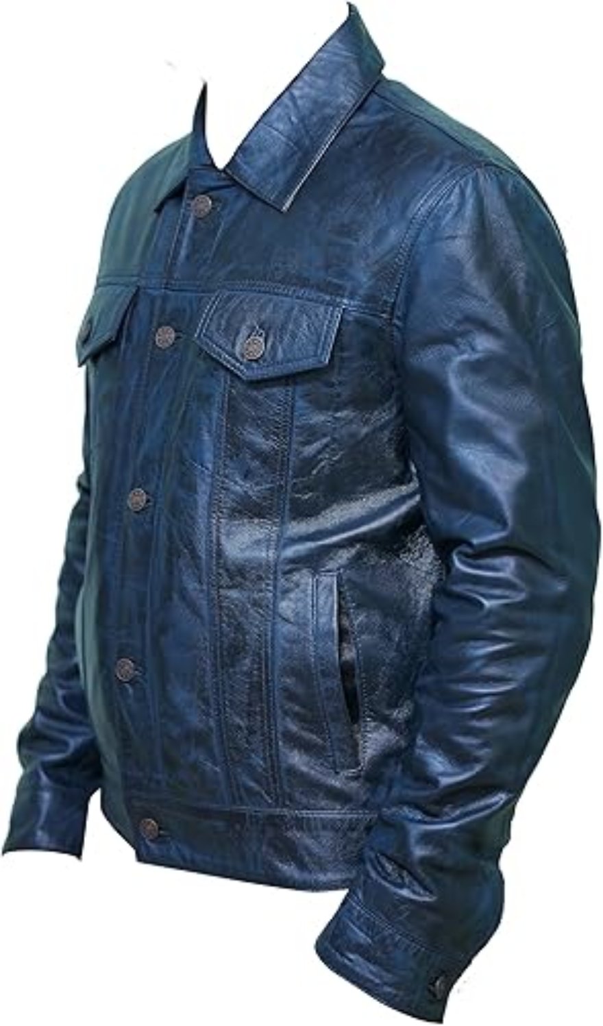 Picture of our blue Leather Trucker jacket on a mannequin, sideview.