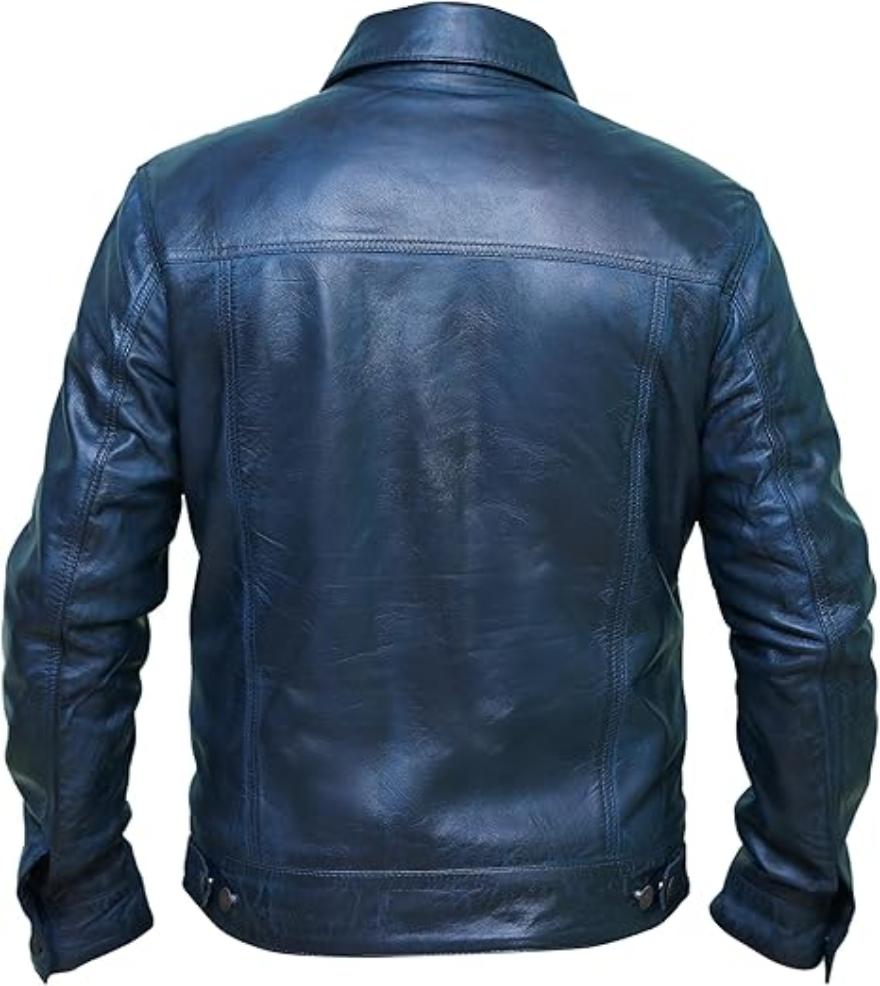 Picture of our blue Leather Trucker jacket on a mannequin, back view.