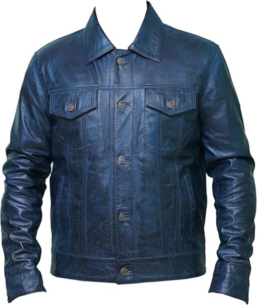 Picture of our blue Leather Trucker jacket on a mannequin, front view.