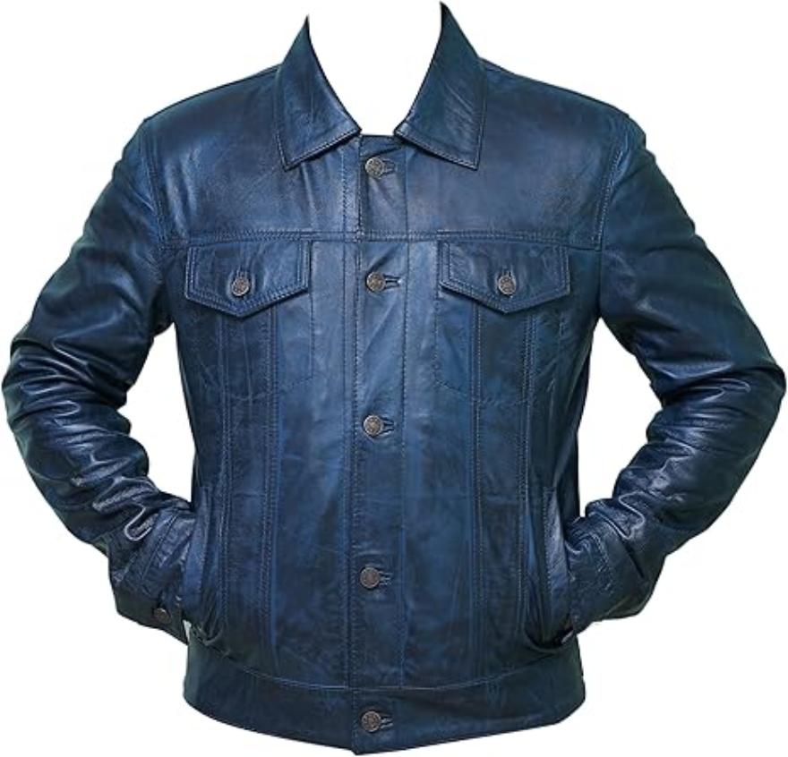 Picture of our blue Leather Trucker jacket on a mannequin, front view. with hands in pockets.