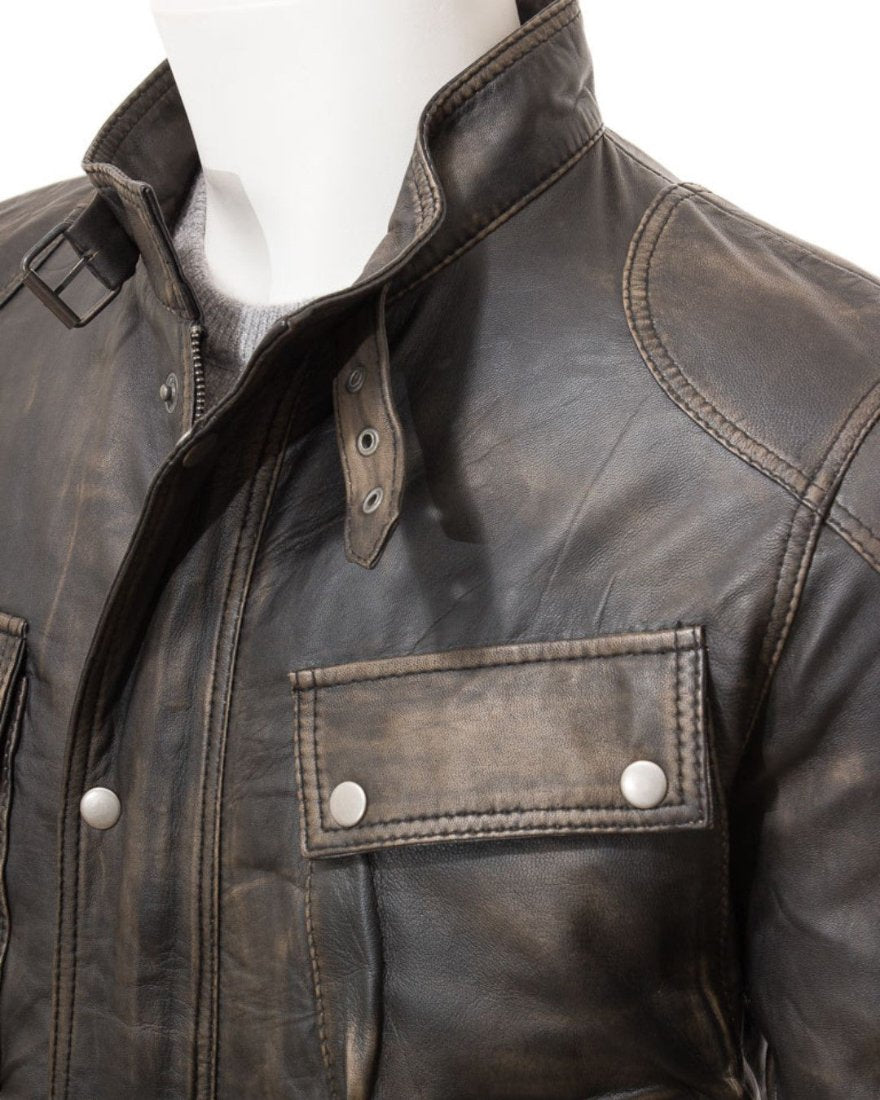 Picture of our Brown Leather Jacket Distressed close up. view.