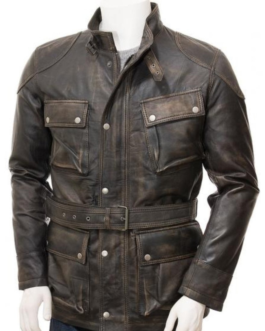 Picture of our Brown Leather Jacket Distressed front view.