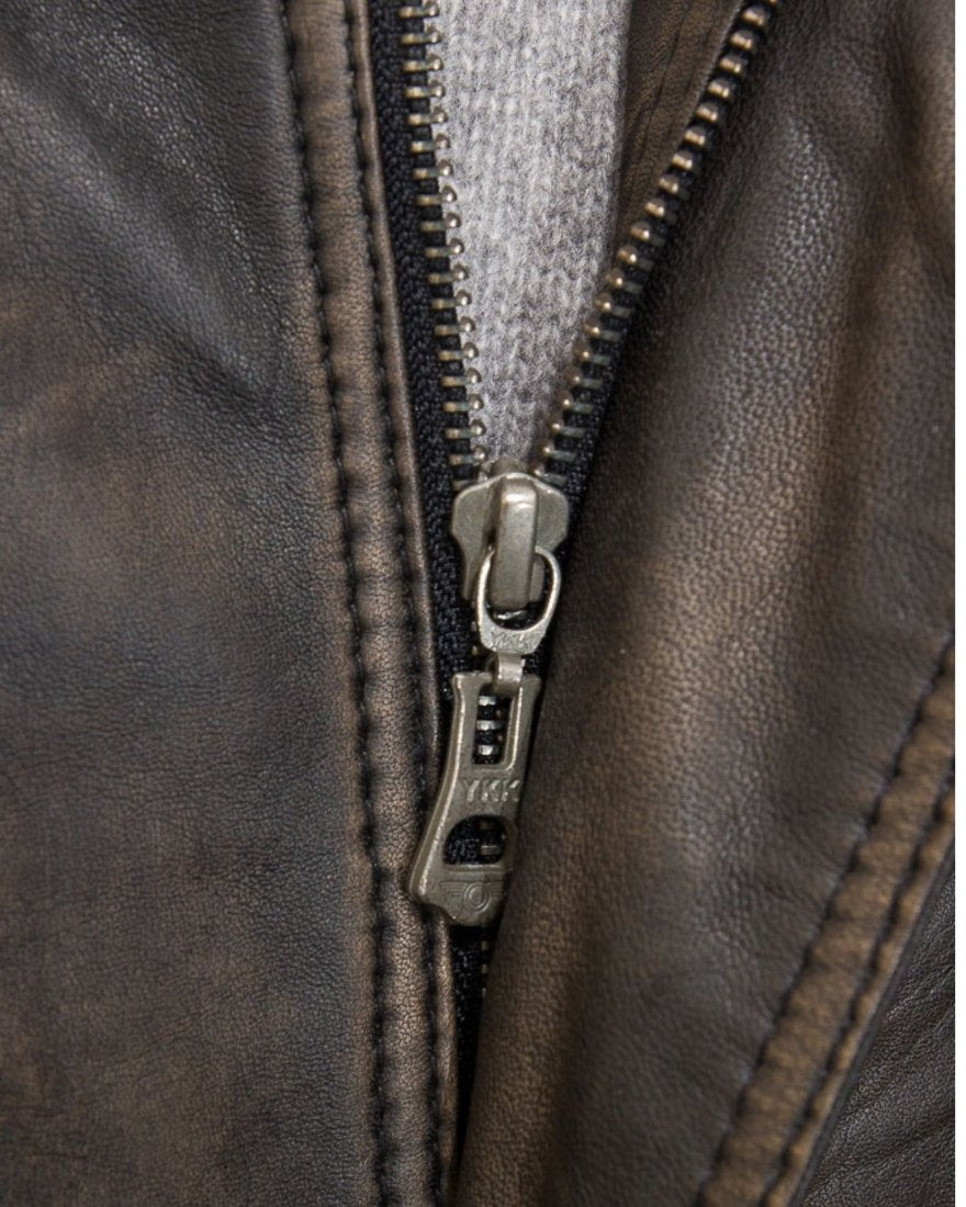 Picture of our Brown Leather Jacket Distressed close up of zipper.