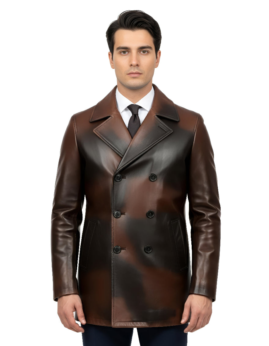 Man wearing our brown leather peacoat  on a white background, front view.