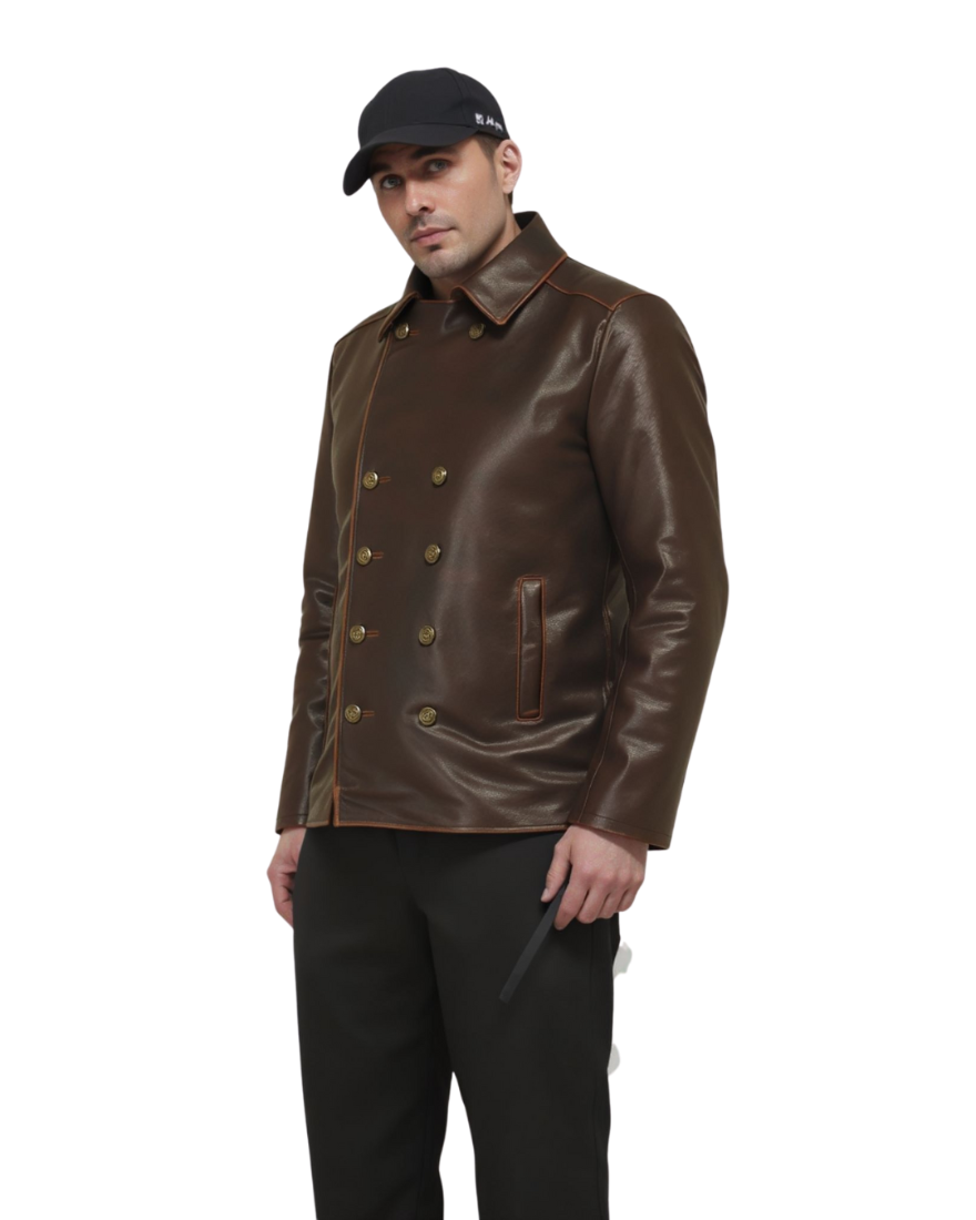 Man wearing our brown leather peacoat and black cap on a white background