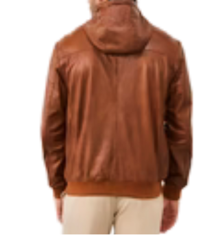 Picture of a model wearing our Brown Leather Shirt Jacket, back view.