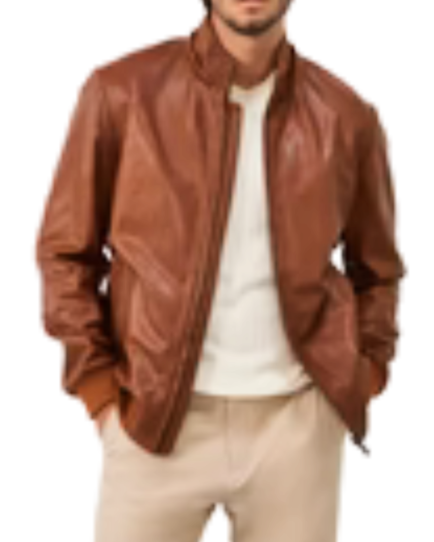 Picture of a model wearing our Brown Leather Shirt Jacket, front view without the hood.