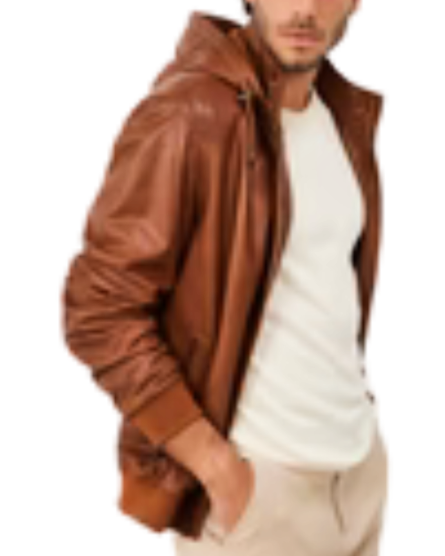 Picture of a model wearing our Brown Leather Shirt Jacket, side view.