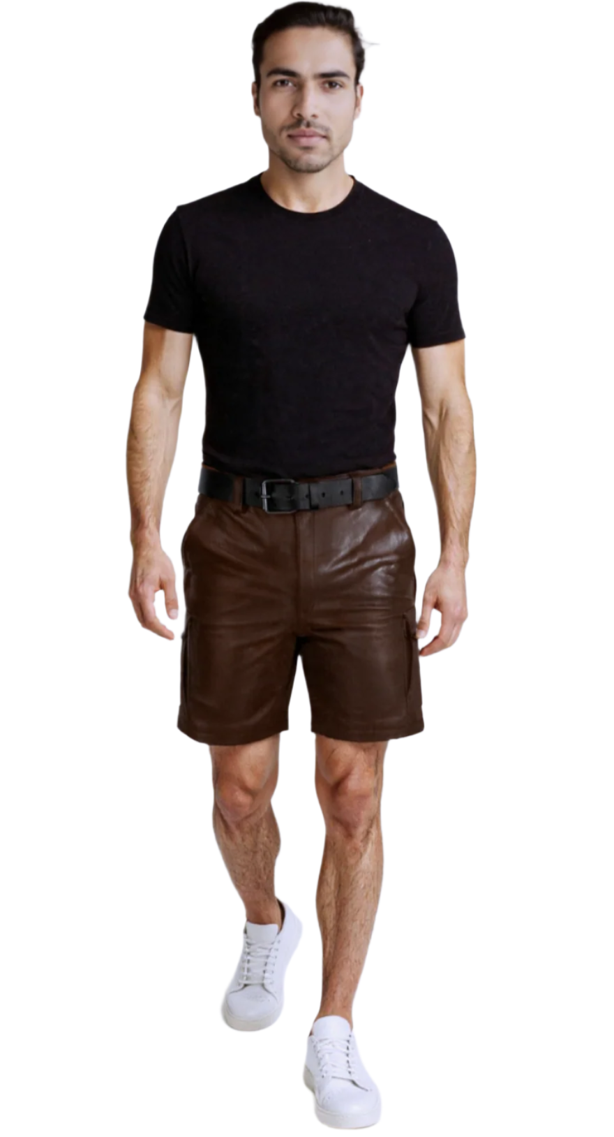 Picture of a model wearing our Brown Leather Shorts Men, front full size view 2.