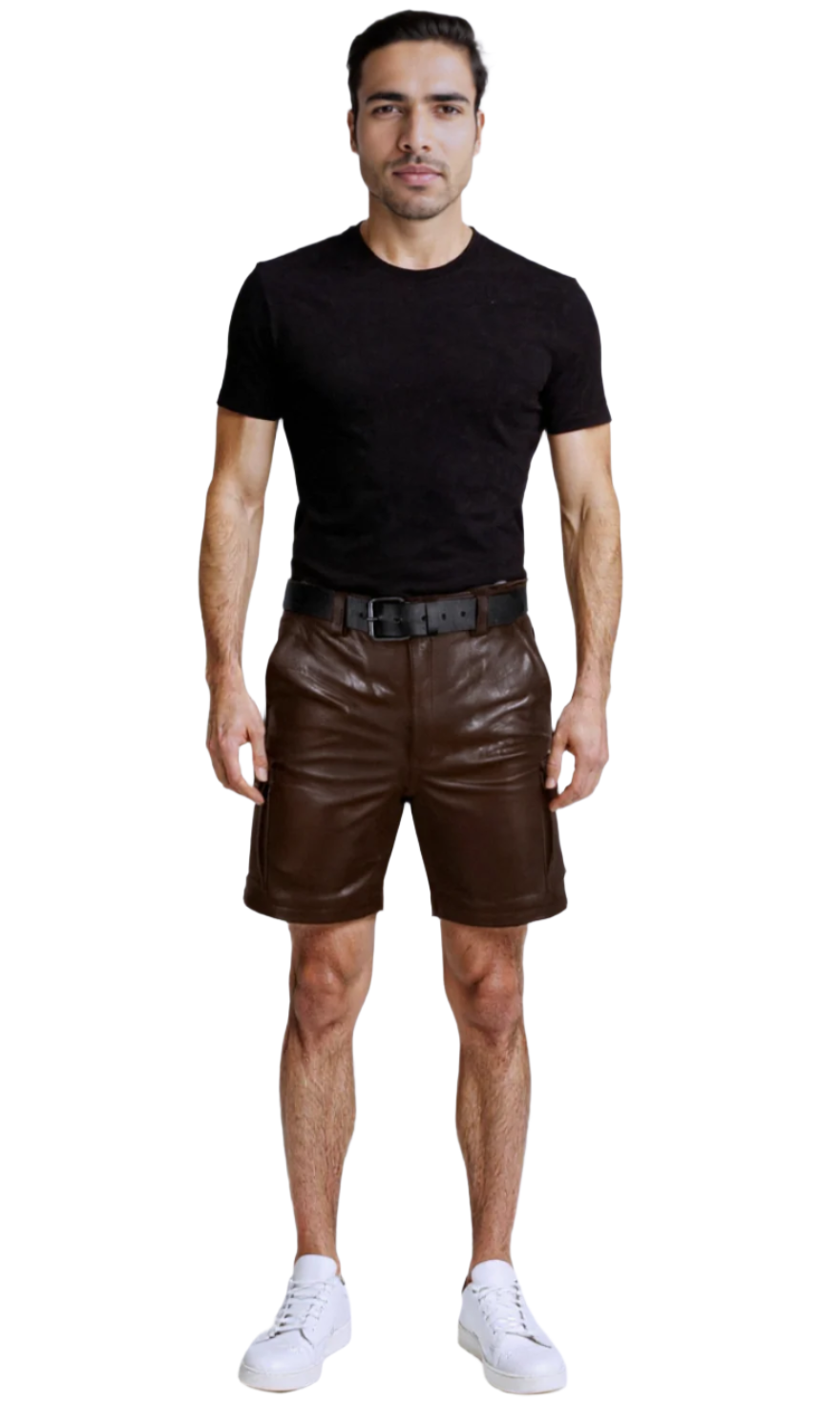Picture of a model wearing our Brown Leather Shorts Men, front full size view.
