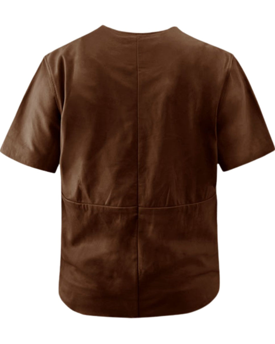 Picture of our brown leather t shit, back view.