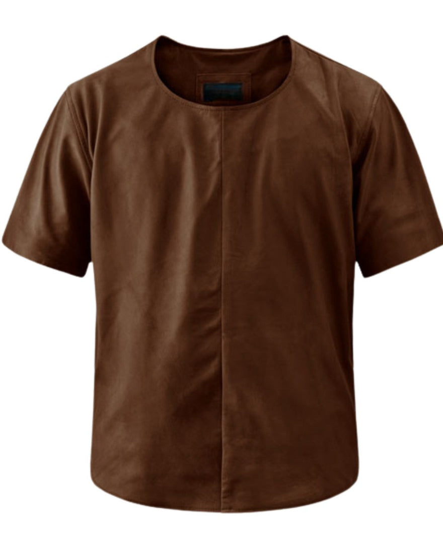 Picture of our brown leather t shit, front view.