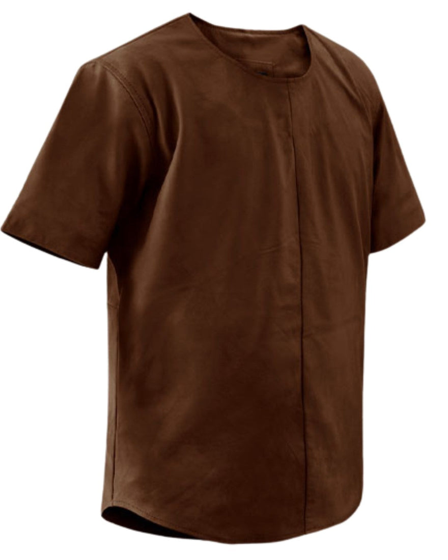 Picture of our brown leather t shit, side view.