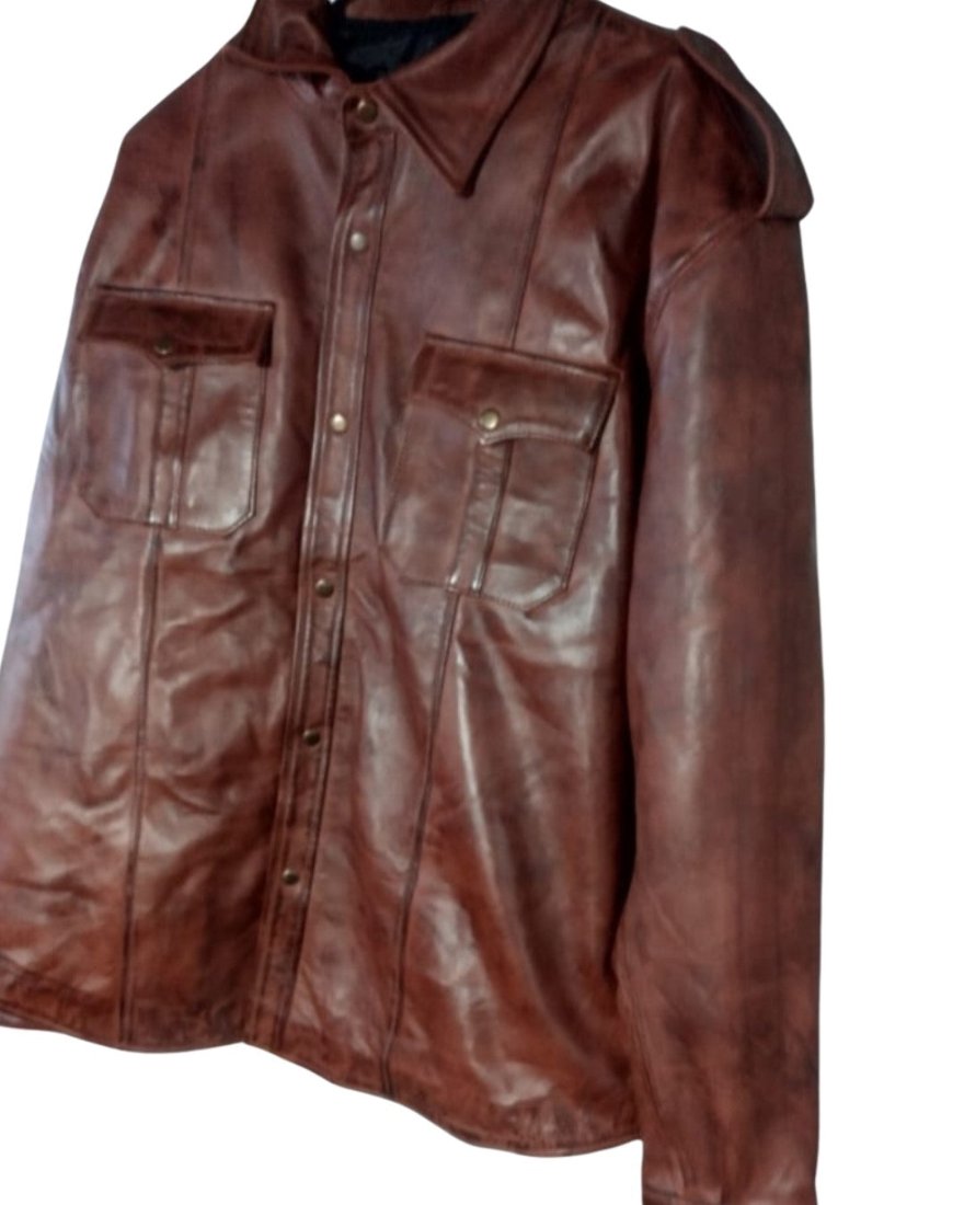 Picture of our leather uniform shirt in brown, front view