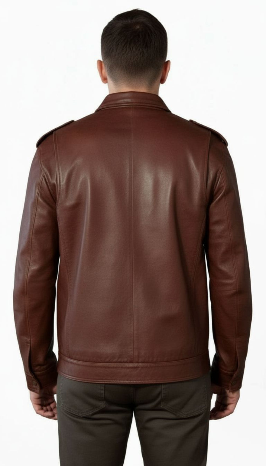 Our Brown leather uniform shirt worn by a person on a white background, back view.
