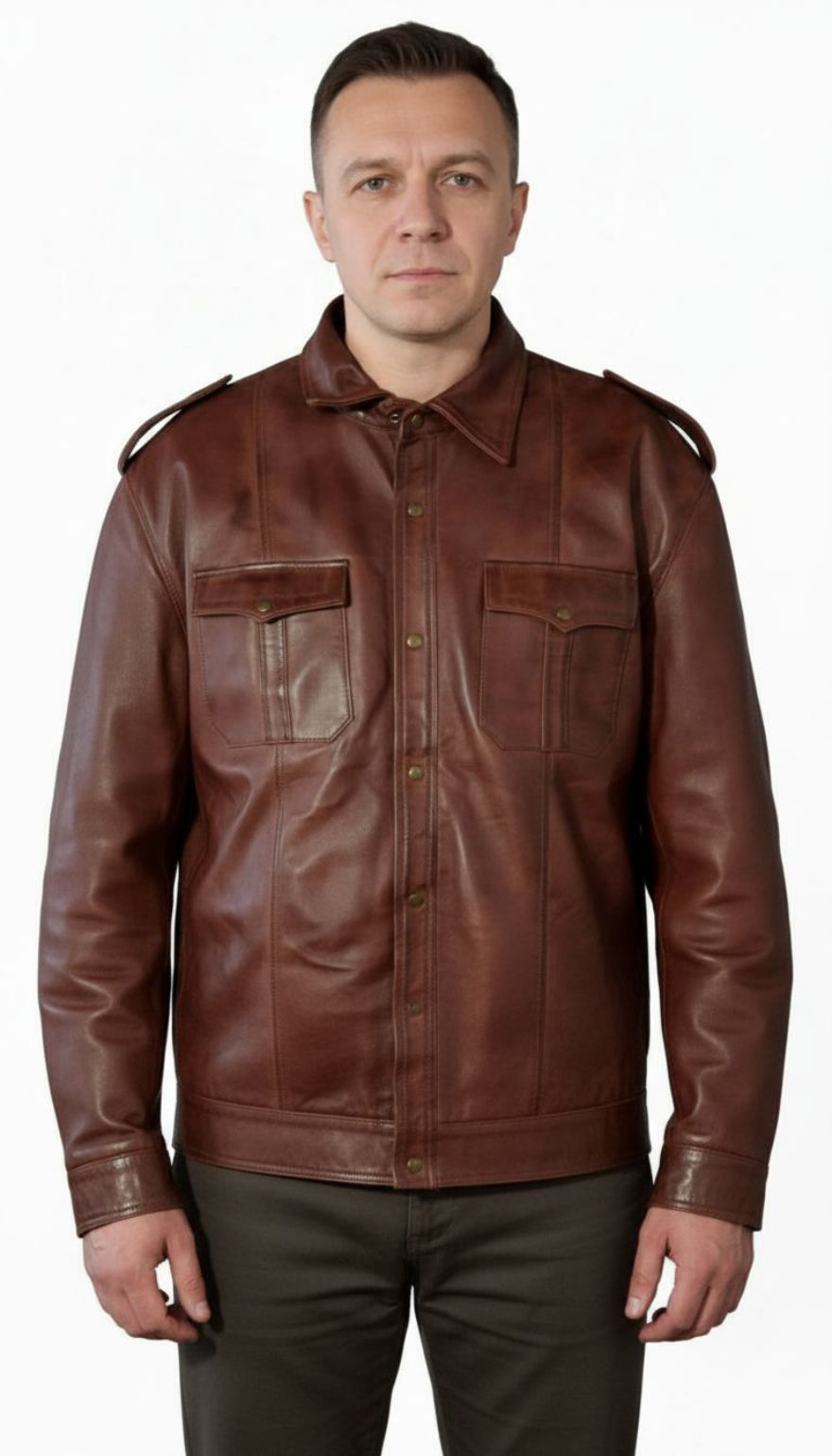Man wearing our brown leather uniform shirt on a white background, front view.