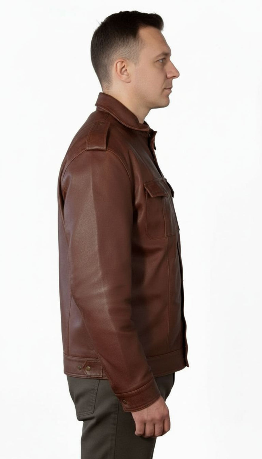 Our Brown leather uniform shirt worn by a person on a white background, side view.