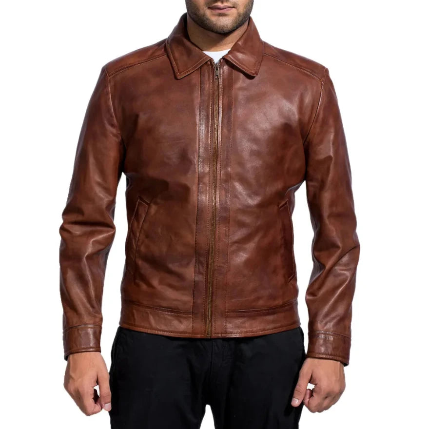 Picture of our Brown Leather Jacket on a model, front view