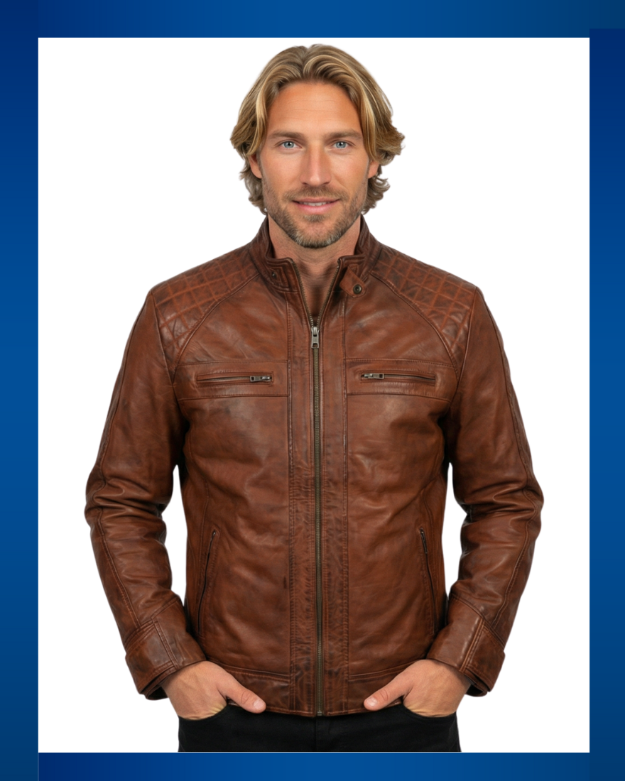 Man wearing a brown leather jacket on a white background, front view.