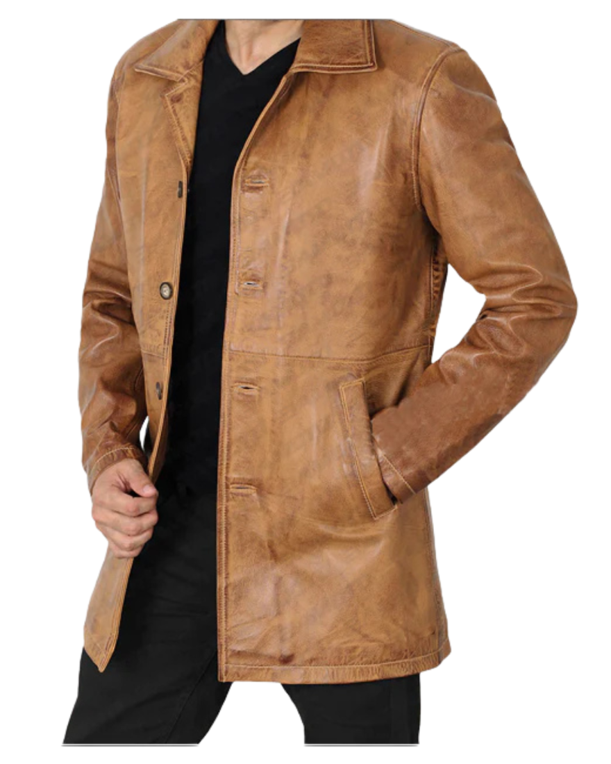 Picture of a model wearing our Camel Brown Trench Coat, side view.