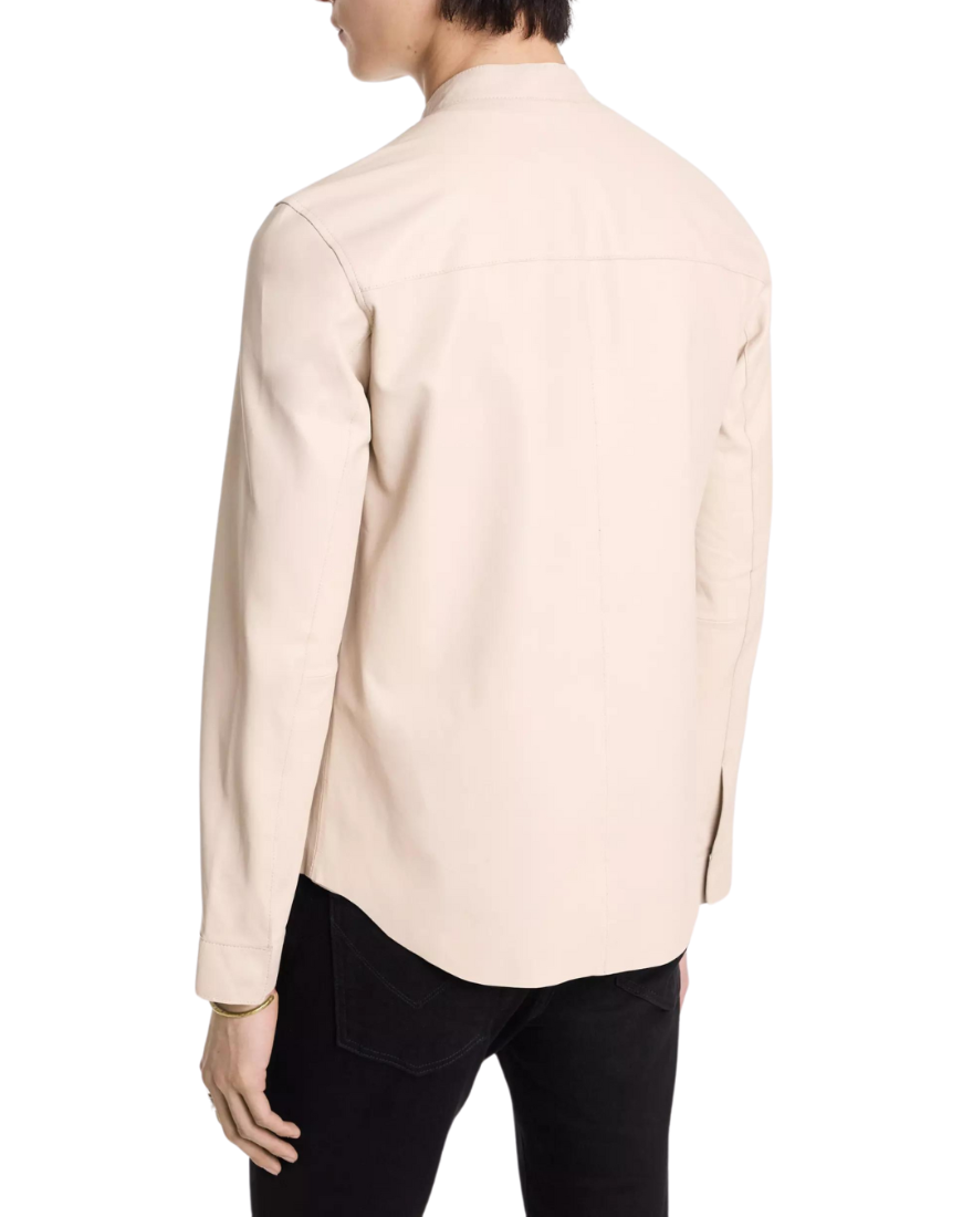 Picture of a model wearing our Cream Leather Shirt, back view.