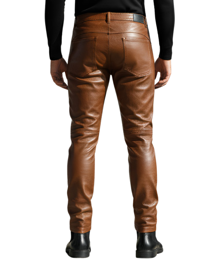 Dark Brown Leather Pants  worn by a person on a white background, back view.