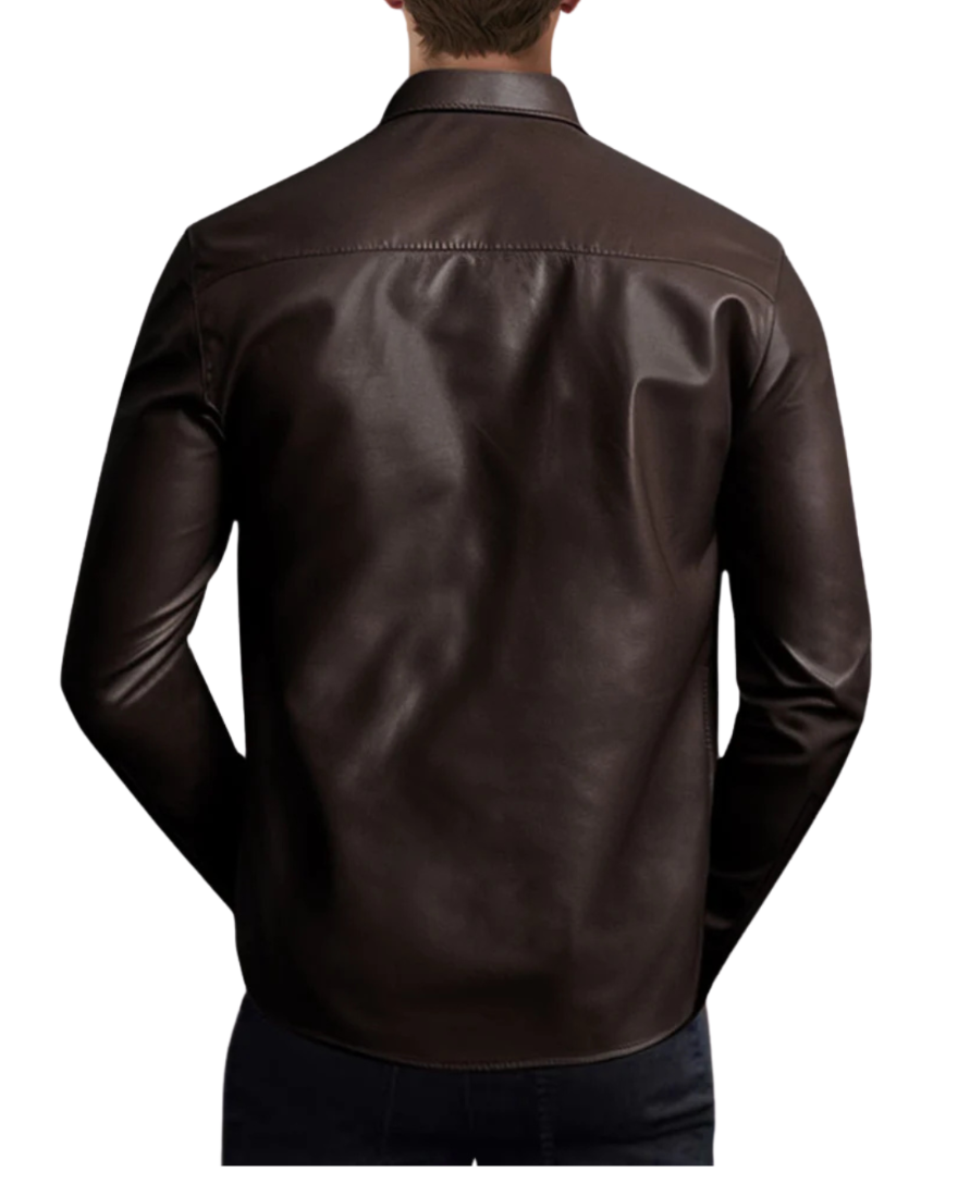Stock picture of a model wearing our dark brown leather shirt, back view. image is for color, collar type and placard type. 