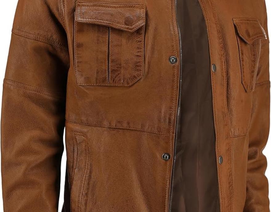 Picture of our Dark tan Leather Jacket on a mannequin, close up view of the 2 pockets.