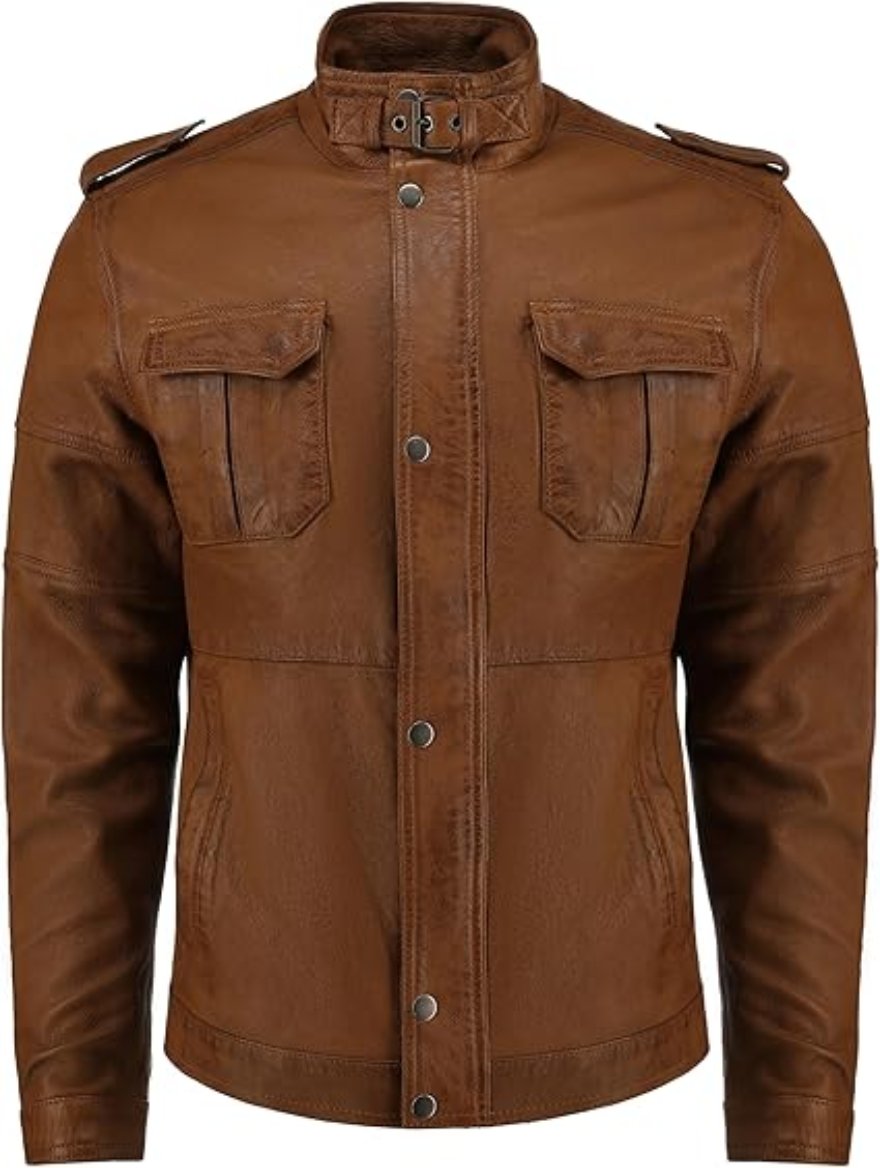 Picture of our Dark tan Leather Jacket on a mannequin, front view. 