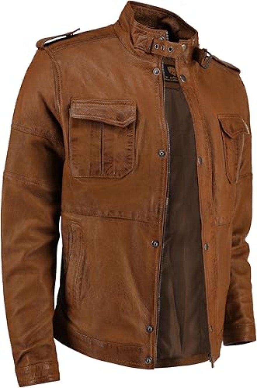 Picture of our Dark tan Leather Jacket on a mannequin, side view. 