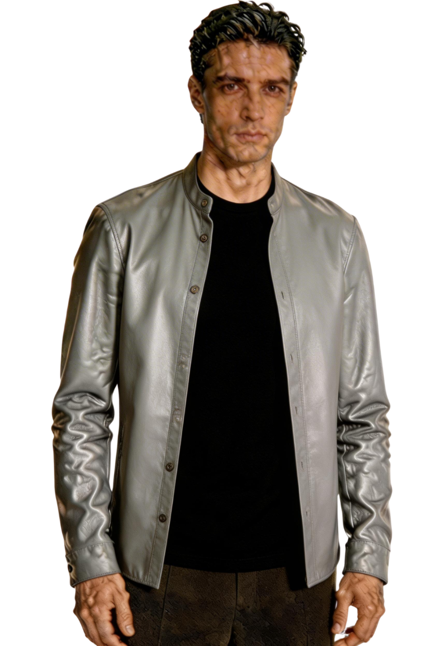 Man wearing our Gray Long Sleeve Leather Shirt on a white background, front view.