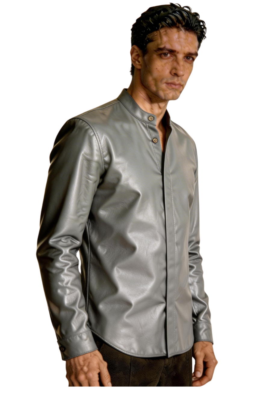 Our Gray Long Sleeve Leather Shirt worn by a person on a white , background, side view