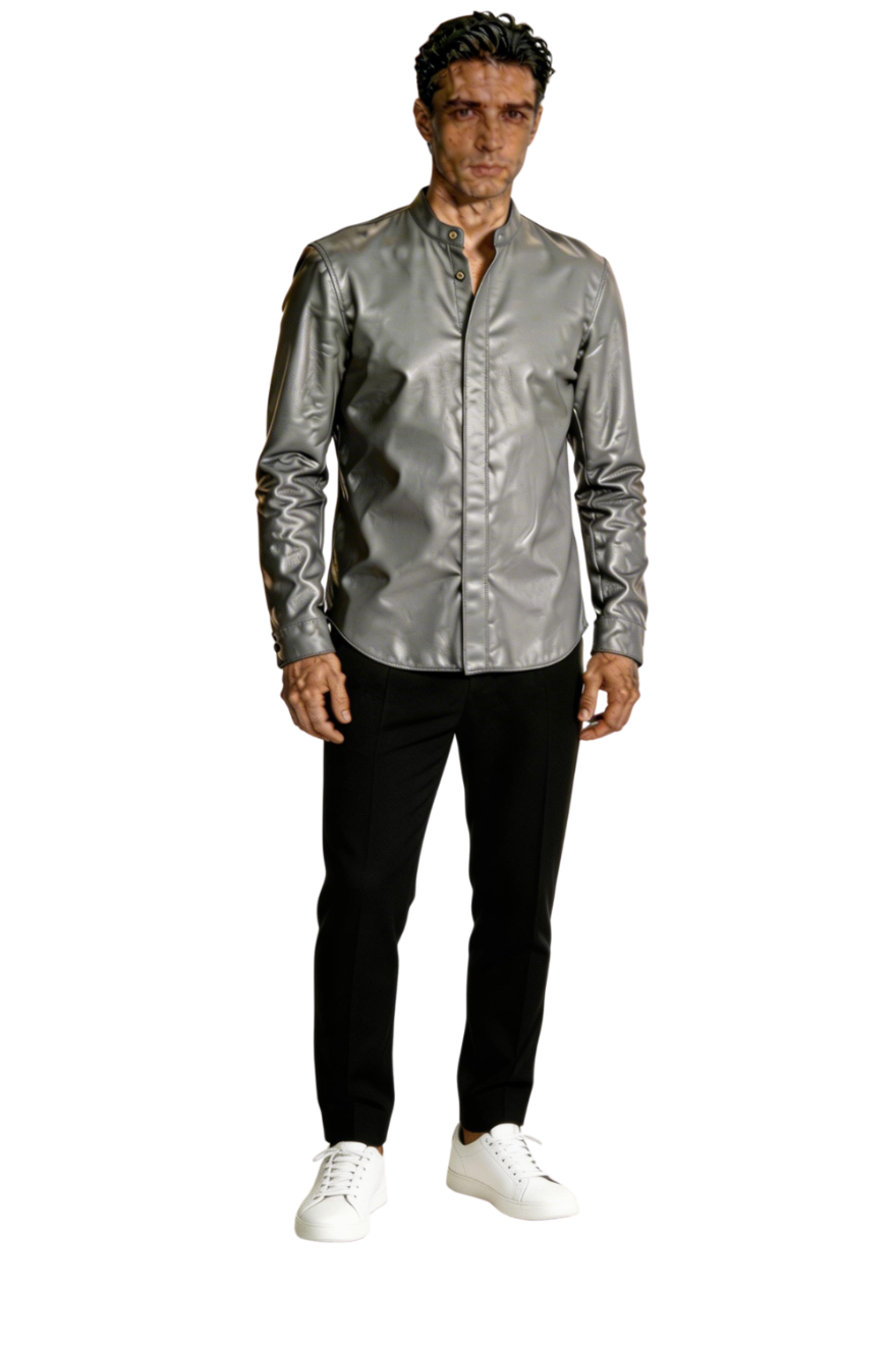 Man wearing our Gray Long Sleeve Leather Shirt and black pants on a white background