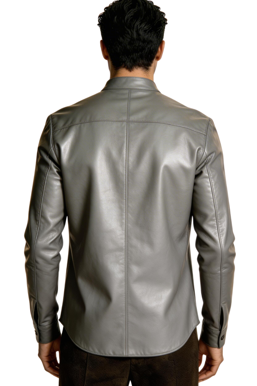 Our Gray Long Sleeve Leather Shirt worn by a person on a white , background, back view