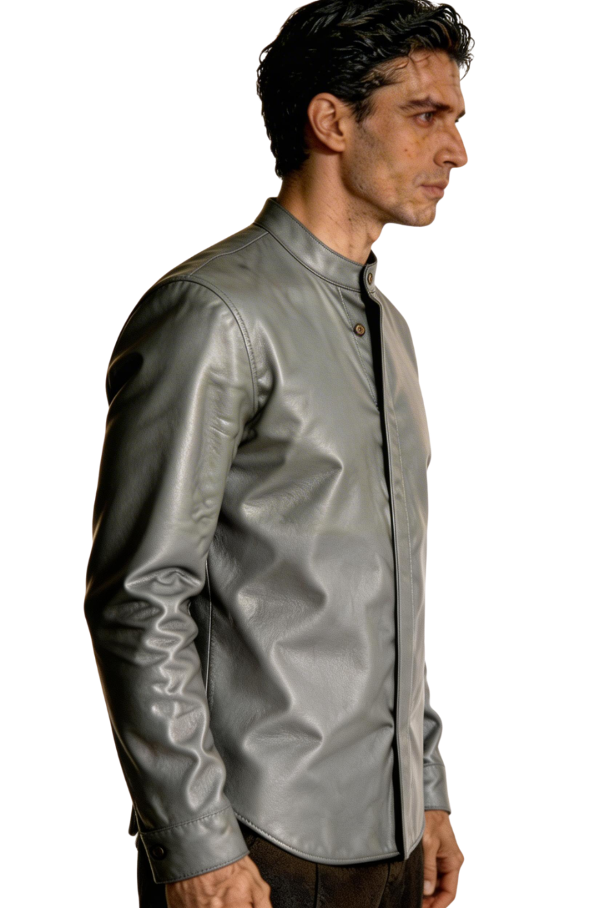 Man wearing our Gray Long Sleeve Leather Shirt on a white background, side view.
