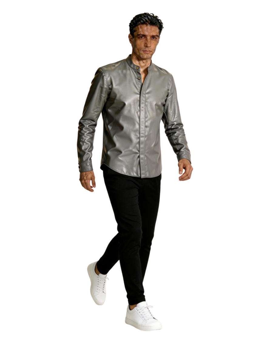 Man wearing our Gray Long Sleeve Leather Shirt and black pants on a white background in a walking pose.