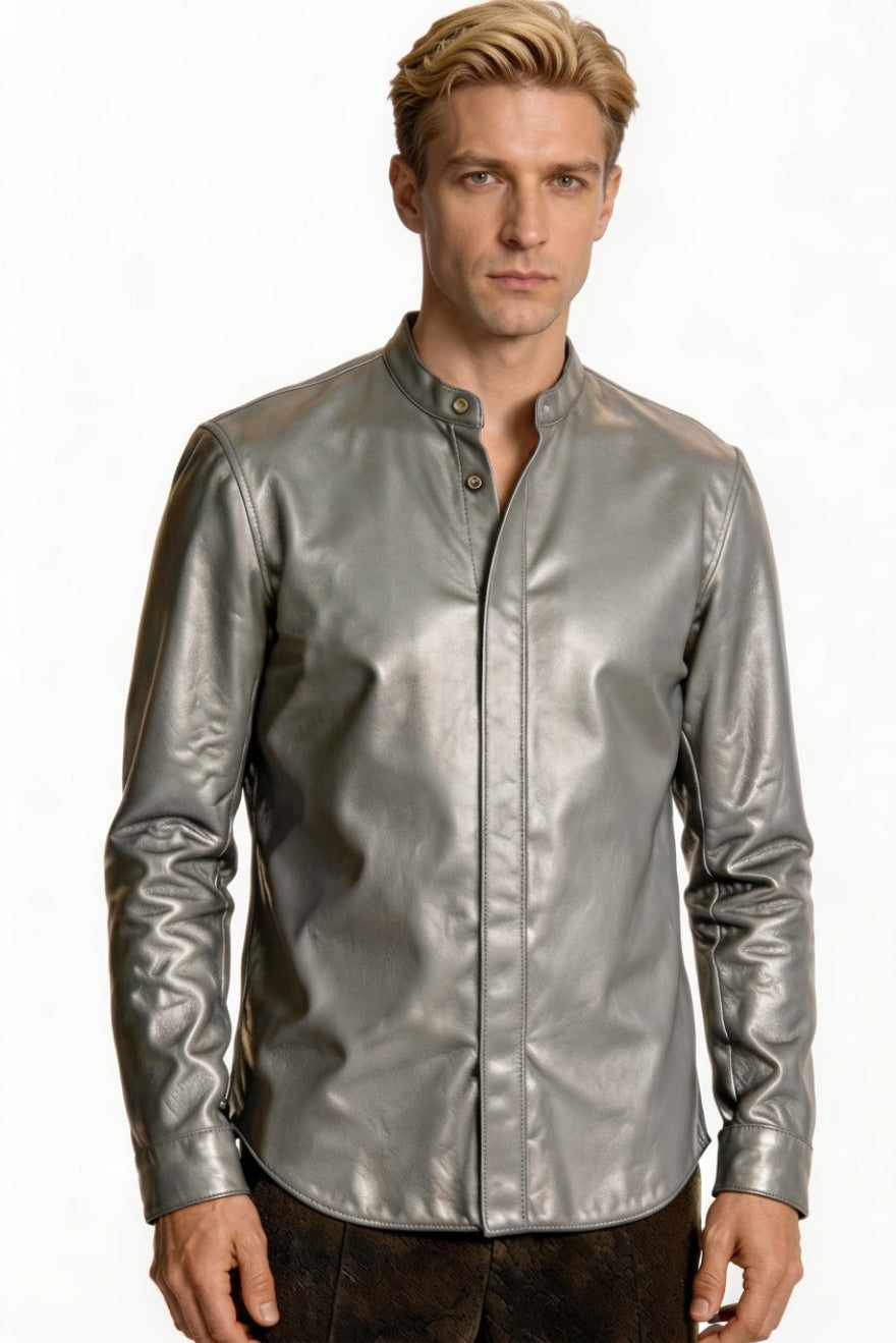 Our Gray Long Sleeve Leather Shirt worn by a person on a white , background, front view