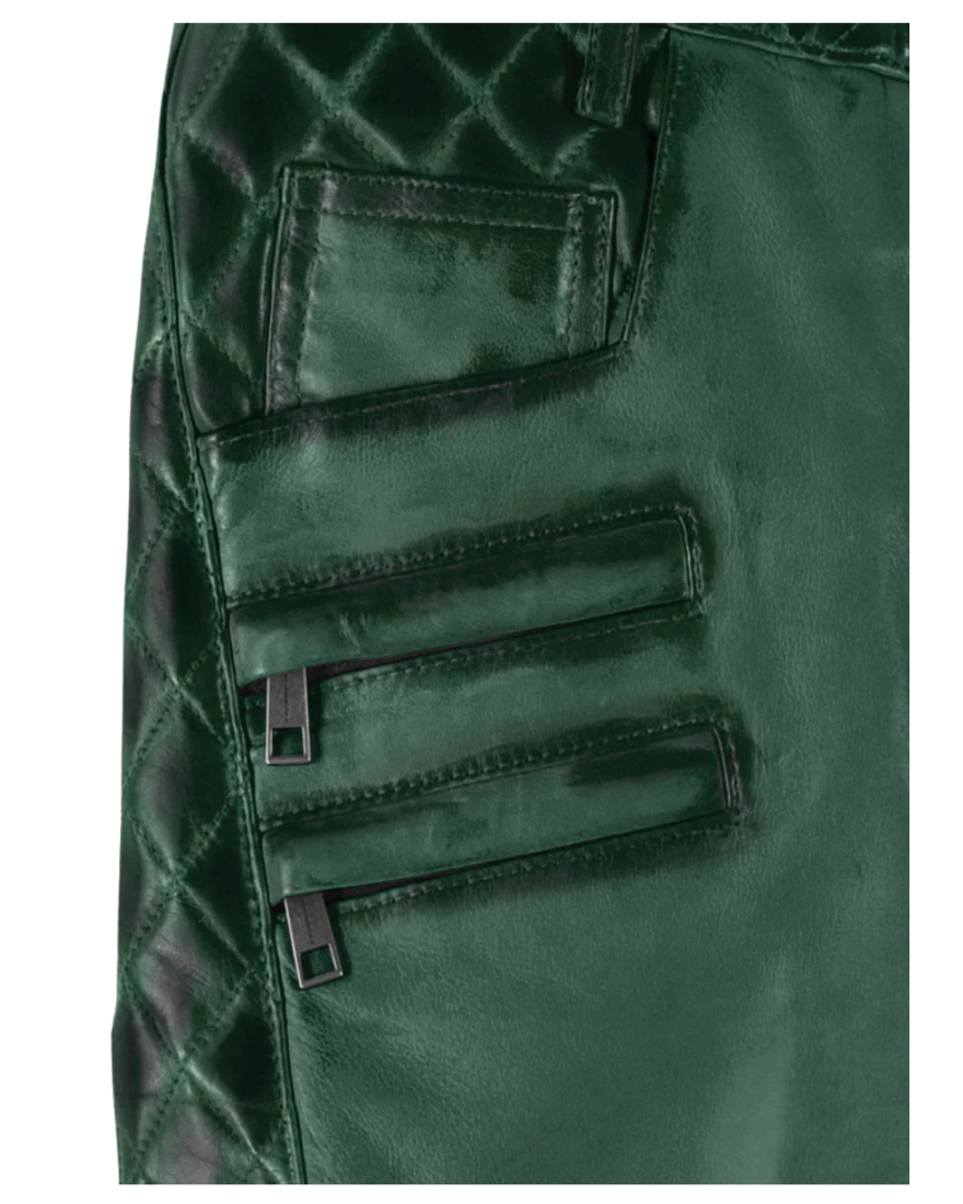 Picture of our Green Leather Pants For Men, close u view of the pockets.