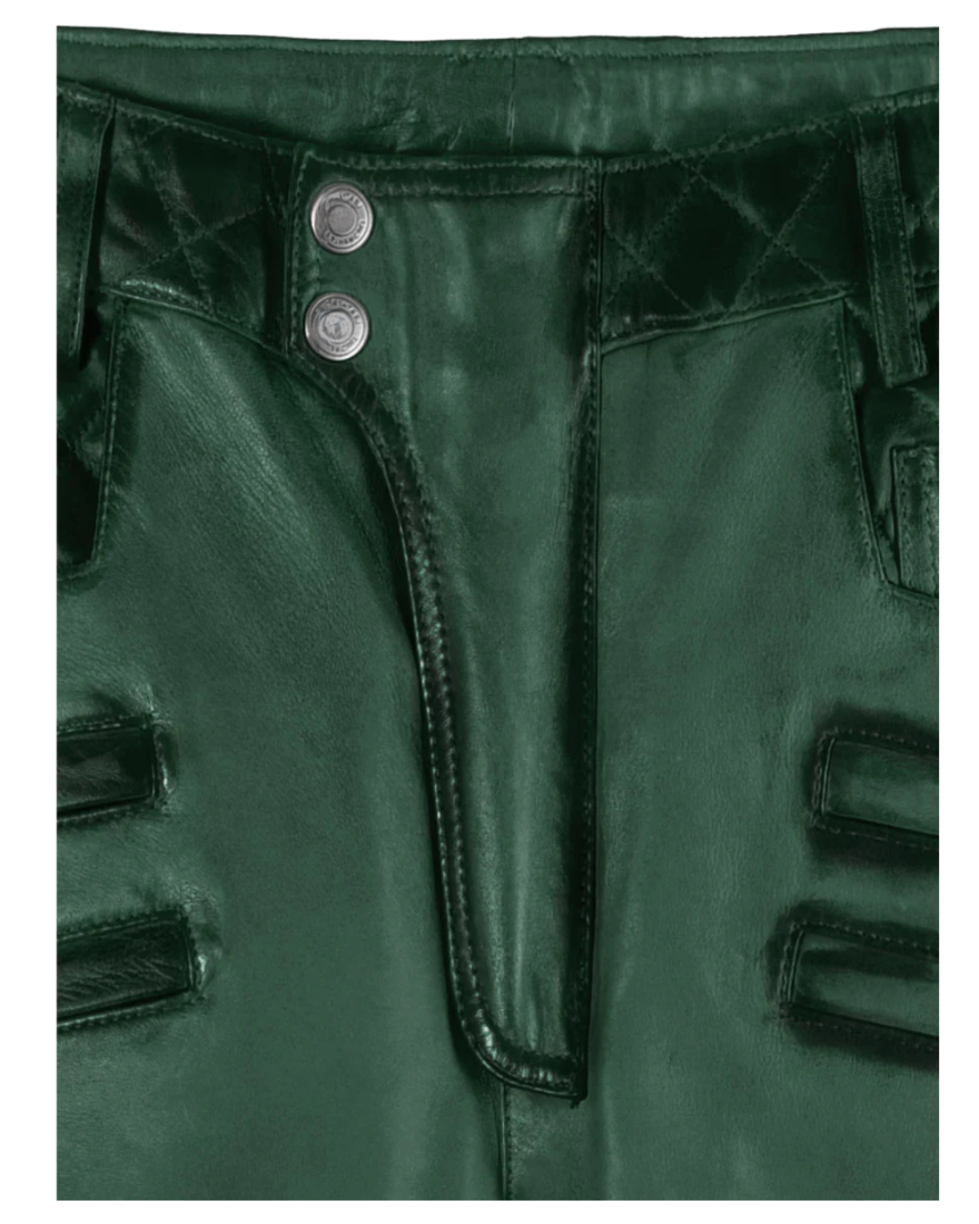 Picture of our Green Leather Pants For Men, close u view of the waist.