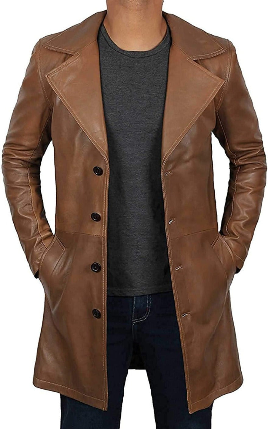 Picture of a model wearing our Mens Leather Trench Coat Brown, front  view