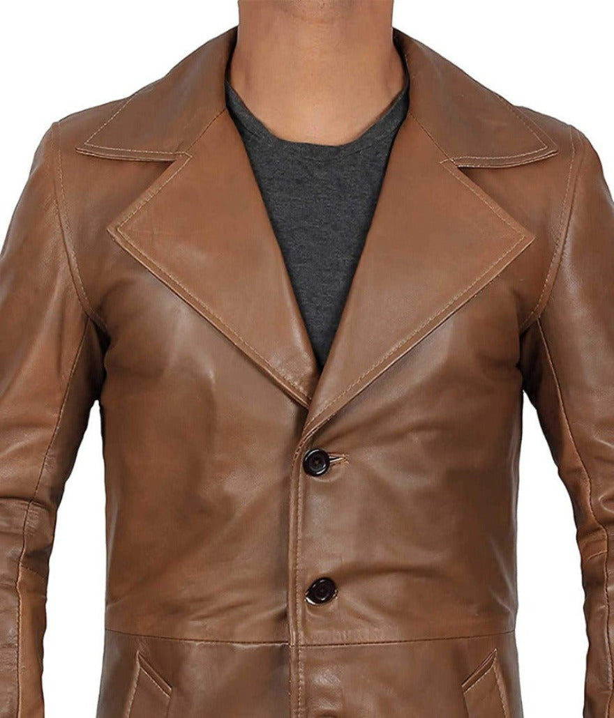 Picture of a model wearing our Mens Leather Trench Coat Brown, front  close up