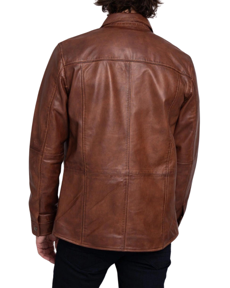 Picture of a model wearing our Mens Brown Leather Shirt , back view