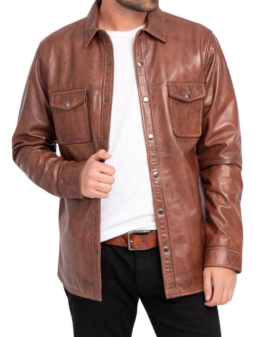 Picture of a model wearing our Mens Brown Leather Shirt , front view