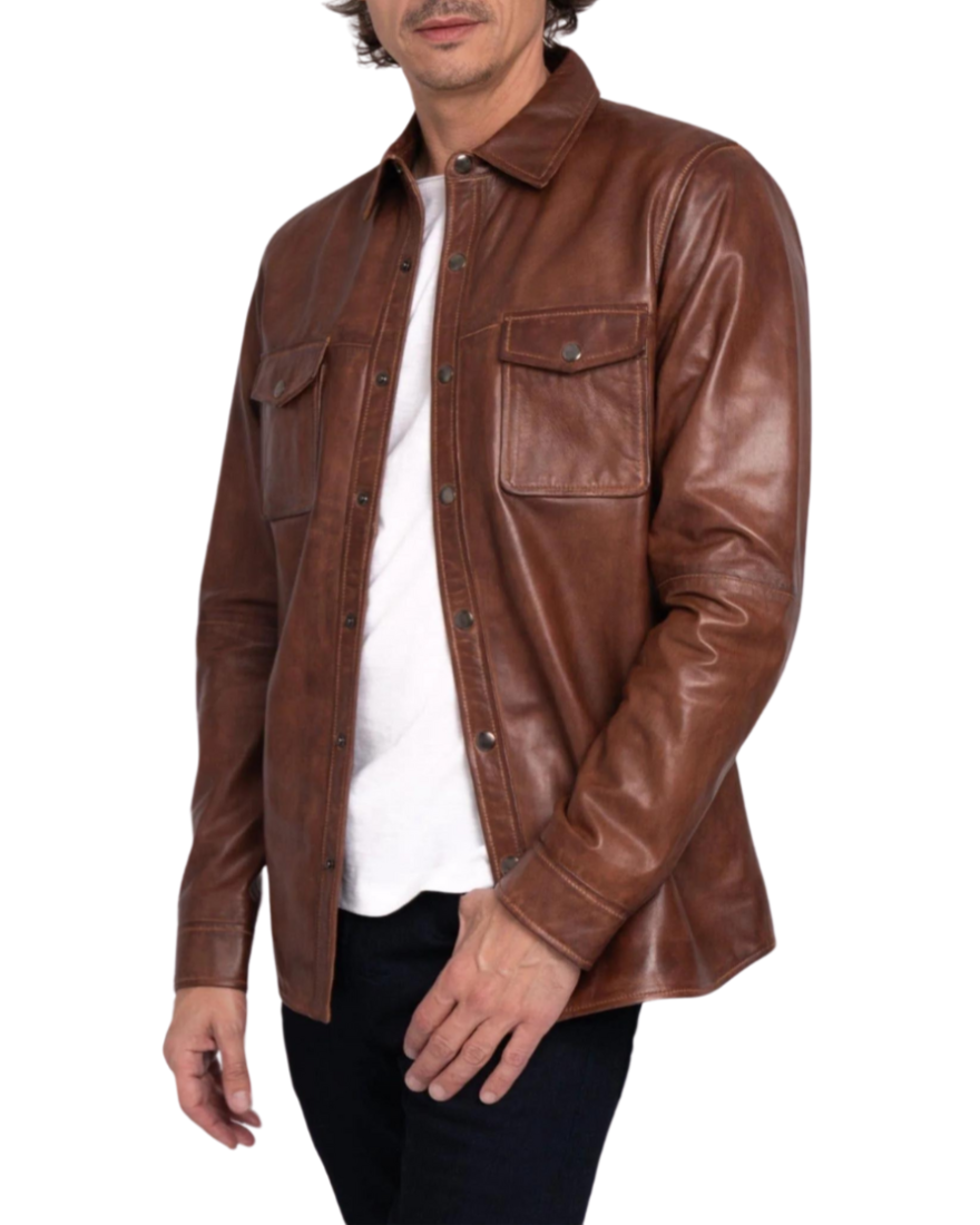 Picture of a model wearing our Mens Brown Leather Shirt , front view