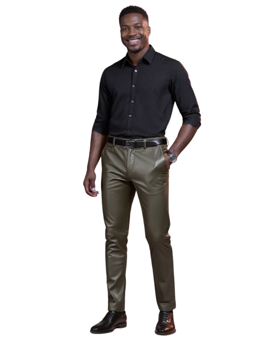 Man wearing a black shirt and olive green leather pants on a white background
